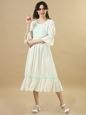 White 3/4Th Sleeves Cotton Mirror Work And Thread Work Regular Fit Calf Length Dress