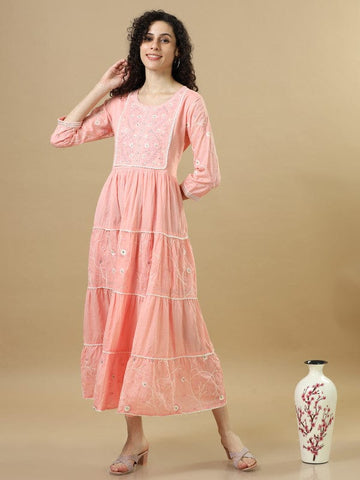Peach 3/4Th Sleeves Cotton Thread Work Regular Fit Calf Length Dress
