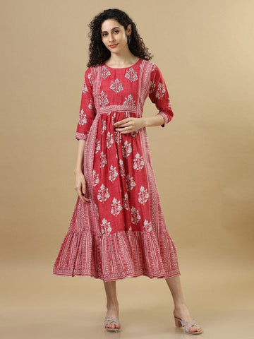 Red 3/4th Sleeves Cotton Floral Regular fit Calf length Dresses