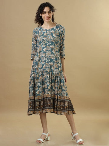 Teal 3/4Th Sleeves Cotton Floral Regular Fit Calf Length Dress