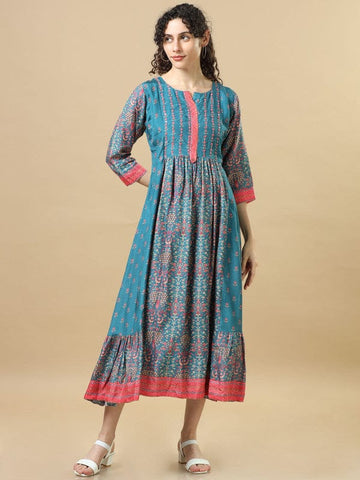 Peacock 3/4Th Sleeves Chanderi Silk Floral Regular Fit Calf Length Dress