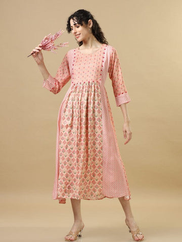 Light Orange 3/4Th Sleeves Cotton Silk Floral Regular Fit Calf Length Dress