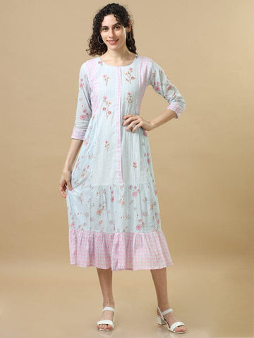 Grey 3/4Th Sleeves Cotton Floral Regular Fit Calf Length Dress