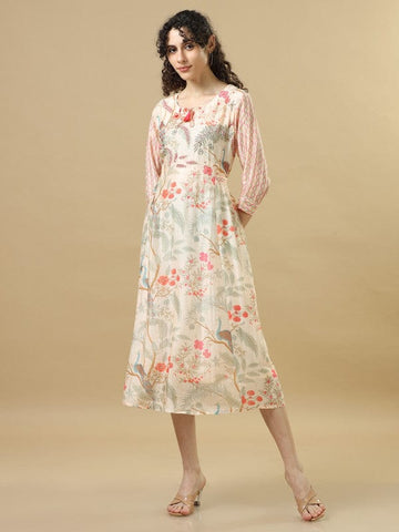Coral 3/4Th Sleeves Cotton Silk Floral Regular Fit Calf Length Dress