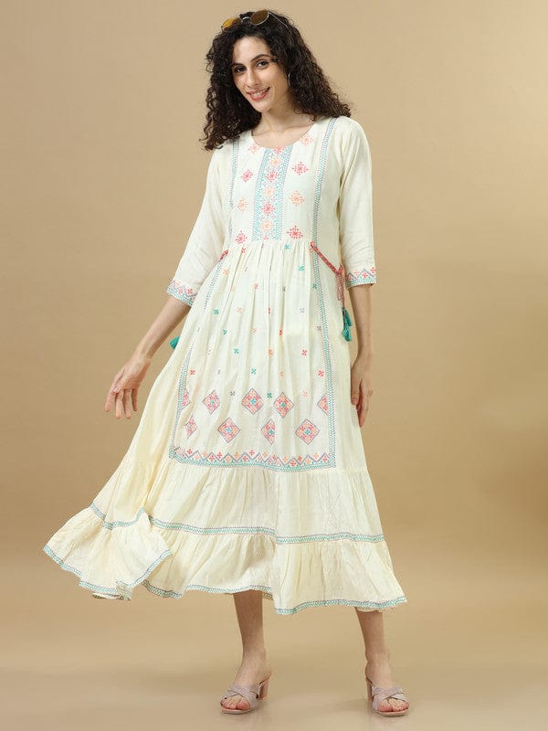 Cream 3/4Th Sleeves Cotton Silk Thread Work and Embroidery Loose Fit Calf Length Dress