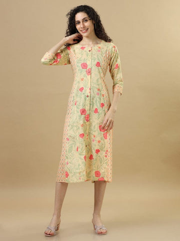 Mustard 3/4Th Sleeves Lenin Mixed Prints and Floral Print Regular Fit Calf Length Dress