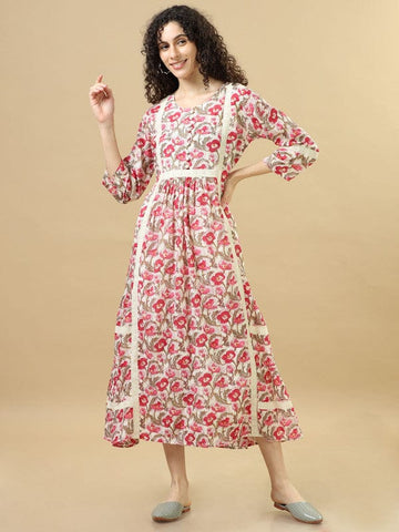 Pink 3/4Th Sleeves Cotton Floral Regular Fit Ankle Length Dress