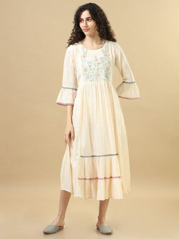 Cream 3/4Th Sleeves Cotton Machine Thread Work and Dobby Regular Fit Calf Length Dress