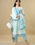 White 3/4Th Sleeves Cotton Regular Fit Calf Length with tassels Straight Kurta Set - With Dupatta