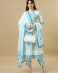 White 3/4Th Sleeves Cotton Regular Fit Calf Length with tassels Straight Kurta Set - With Dupatta