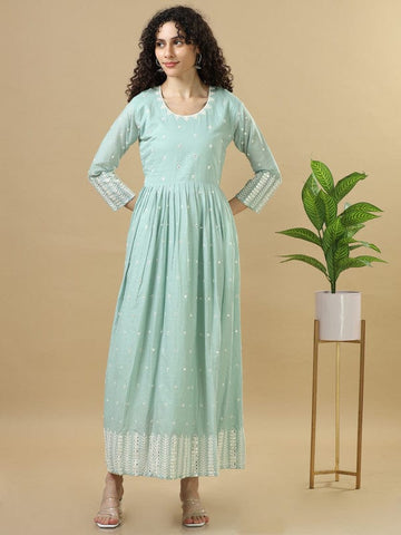 Green Full Sleeves Cotton Mirror Work Regular Fit Ankle Length Dress