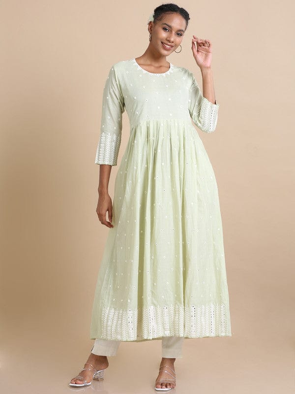 Light Green Full sleeves Cotton Mirror work Regular fit Ankle length Dress