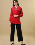 Red Full Sleeves Rayon Machine Work Regular Fit Hip Length Kurta