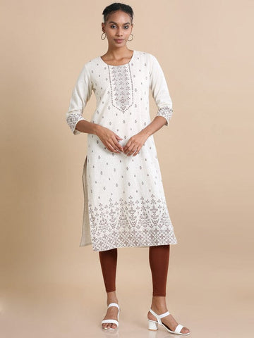 Brown 3/4th sleeves Cotton Floral print, embellishments Regular fit Calf length Kurta