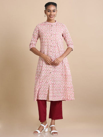 Pink 3/4th sleeves Cotton Block print  Regular fit Calf length Kurta