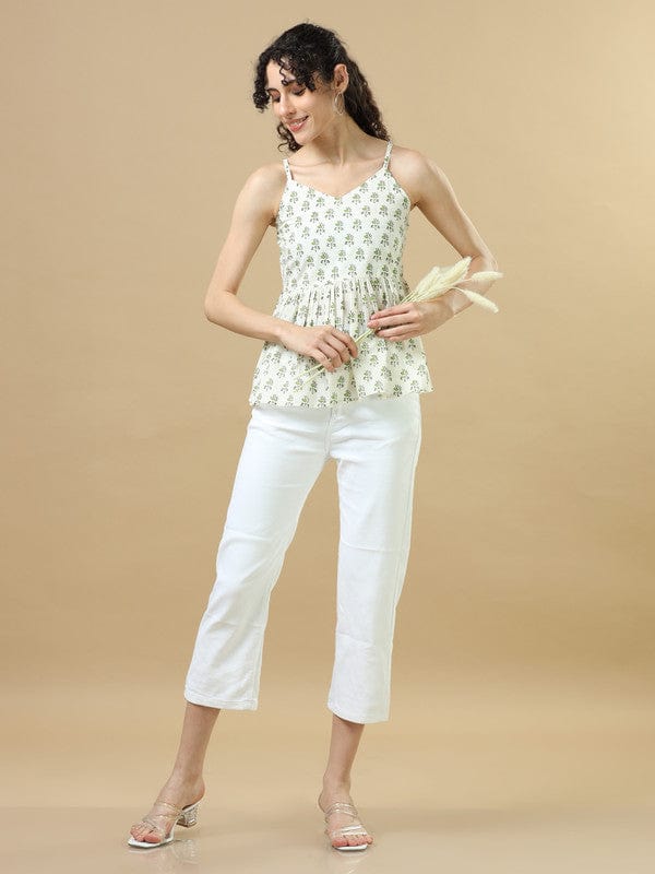 White Sleeveless Cotton Block Print Regular Fit Hip Length Kurta