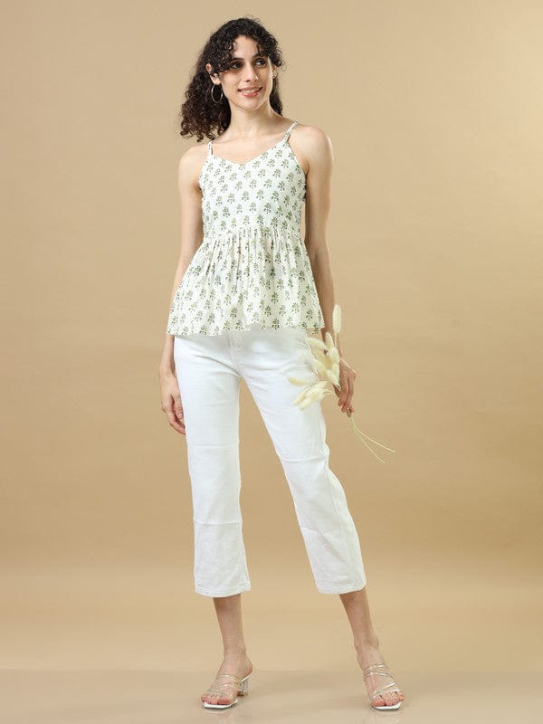 White Sleeveless Cotton Block Print Regular Fit Hip Length Kurta