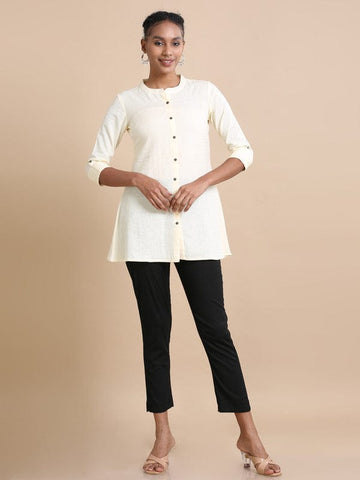 Cream 3/4th sleeves Cotton Solid  Regular fit Hip length Kurta