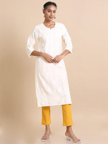 Cream 3/4th sleeves Chanderi Chikankari Regular fit Calf length Kurta
