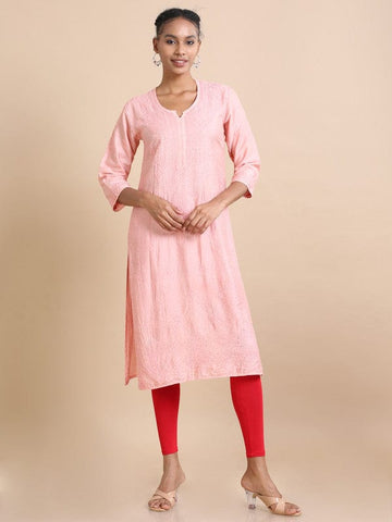 Light pink 3/4th sleeves Chanderi Chikankari Regular fit Calf length Kurta