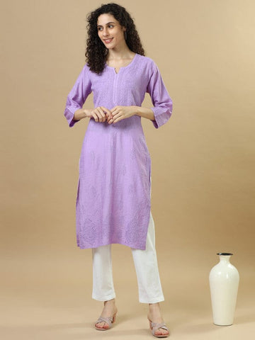Purple 3/4th Sleeves Chanderi Chikankari Regular fit Calf length Kurta