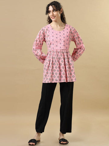 Pink 3/4th Sleeves Cotton Block print Regular fit Hip length Tunic