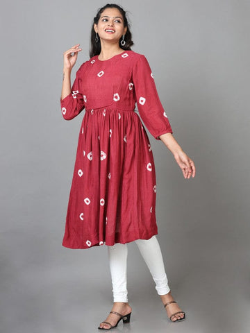 Red 3/4th Sleeves Raw Silk Bandini Regular fit Calf length Gown