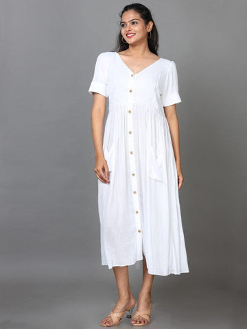 White Short Sleeves Lenin Solid Regular fit Calf length Gown