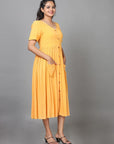 Yellow Short Sleeves Lenin Solid Regular fit Calf length Gown