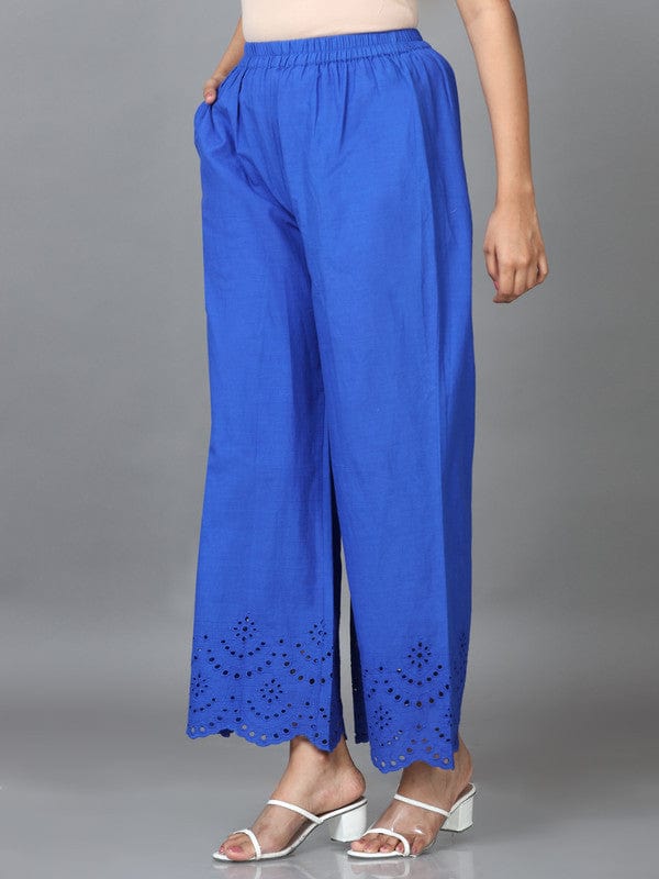Blue Cotton Solid Regular Ankle Palazzo