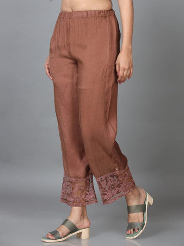 Brown Raw Silk Solid Regular Ankle Palazzo