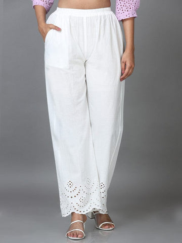White Cotton Solid Regular Ankle Palazzo