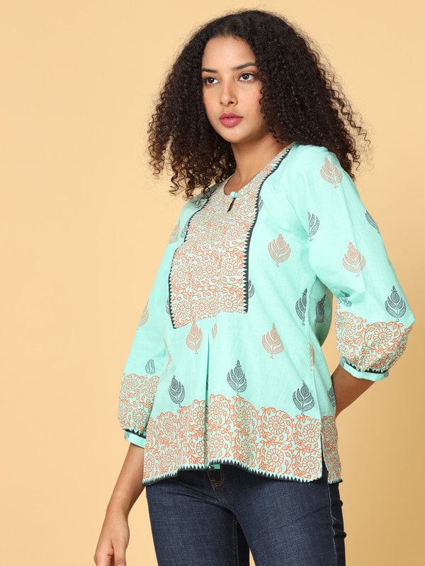 Light Green 3/4th Sleeves Cotton Floral Loose fit Hip length Top