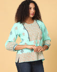 Light Green 3/4th Sleeves Cotton Floral Loose fit Hip length Top
