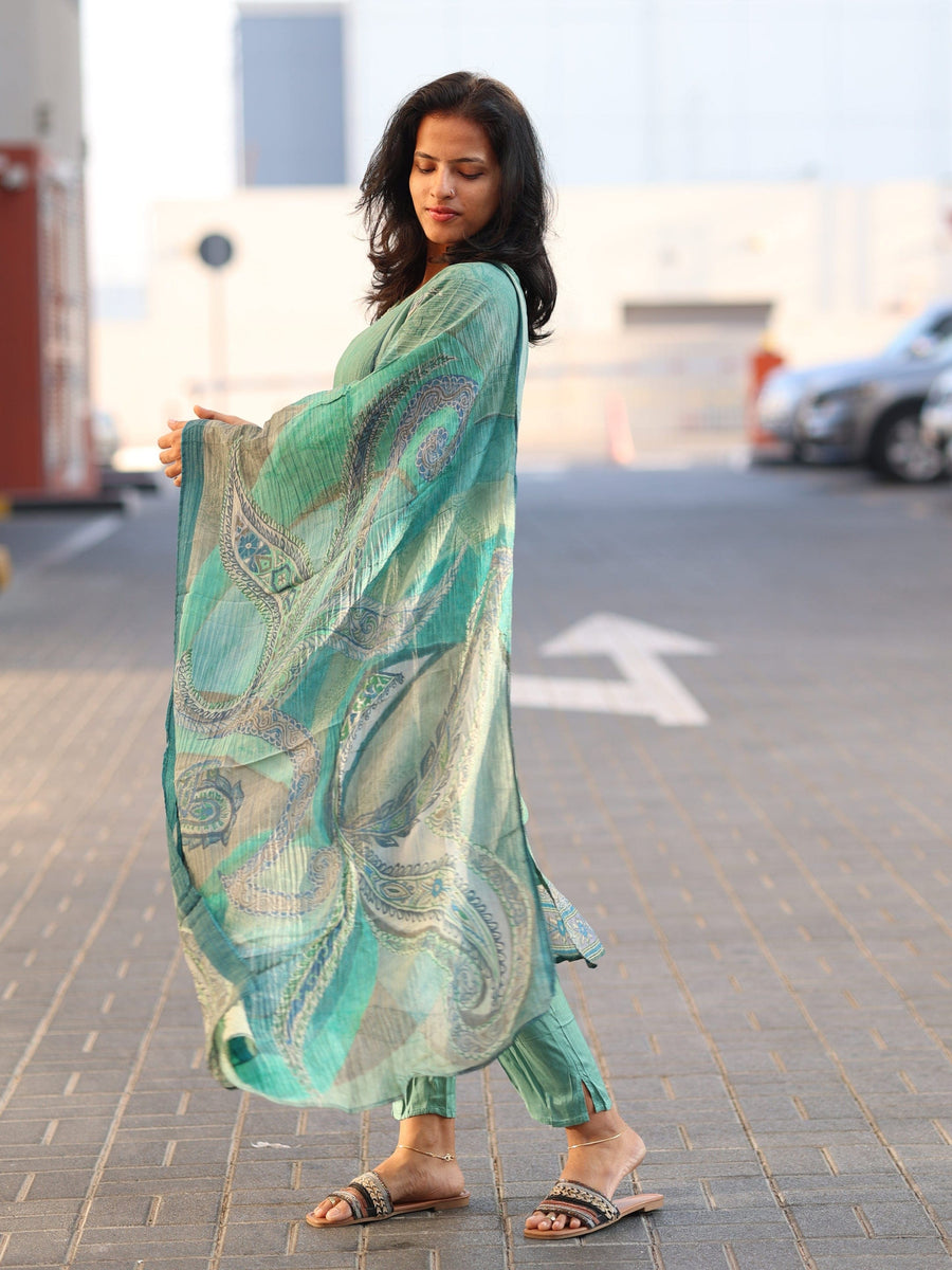 Sea Green 3/4th Sleeves Tissue Paisley Design Pull-on style Calf Length Straight-cut Kurta Set - With Dupatta