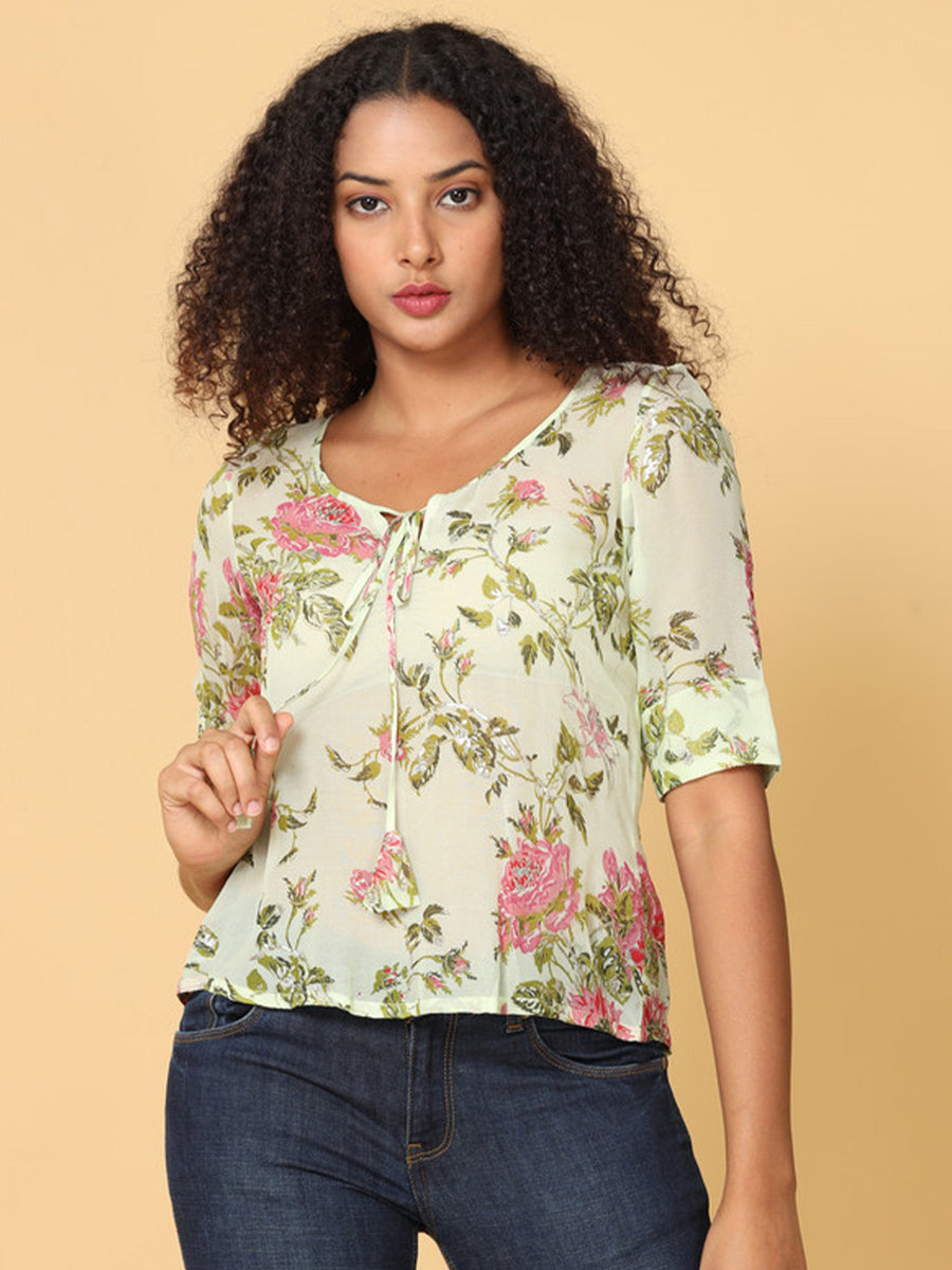 Women Light Green Elbow Sleeves top