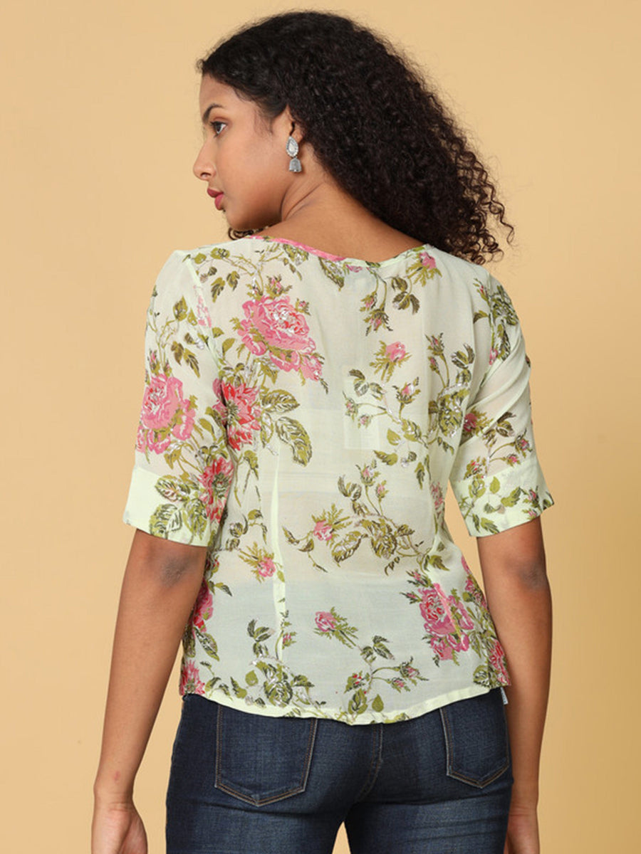 Women Light Green Elbow Sleeves top