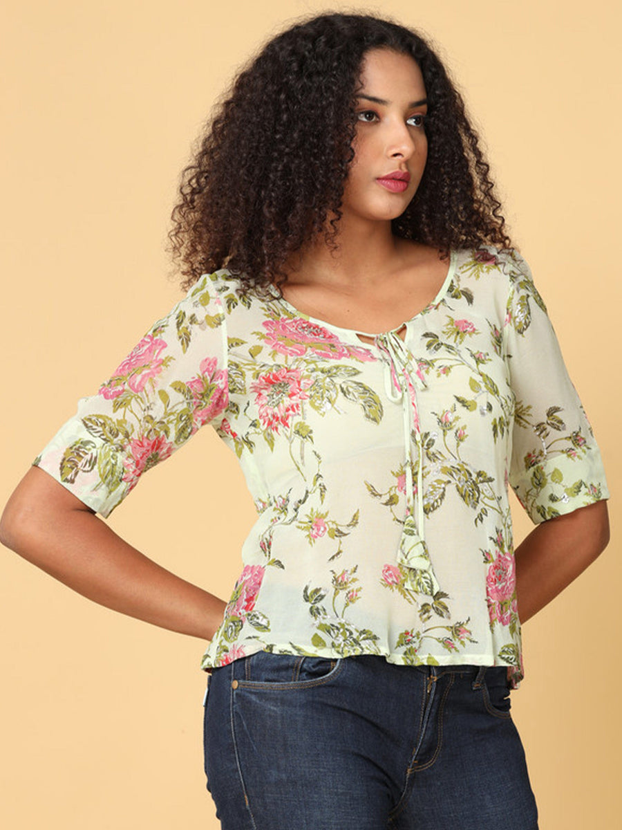 Women Light Green Elbow Sleeves top