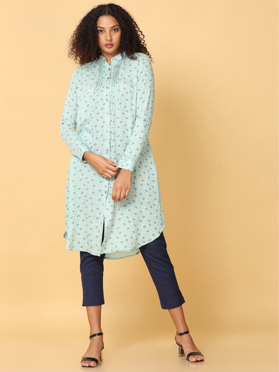 Hassu's Women Light Green Full Sleeves Rayon Floral Print Pathani Knee Length Mandarin Collar Kurta