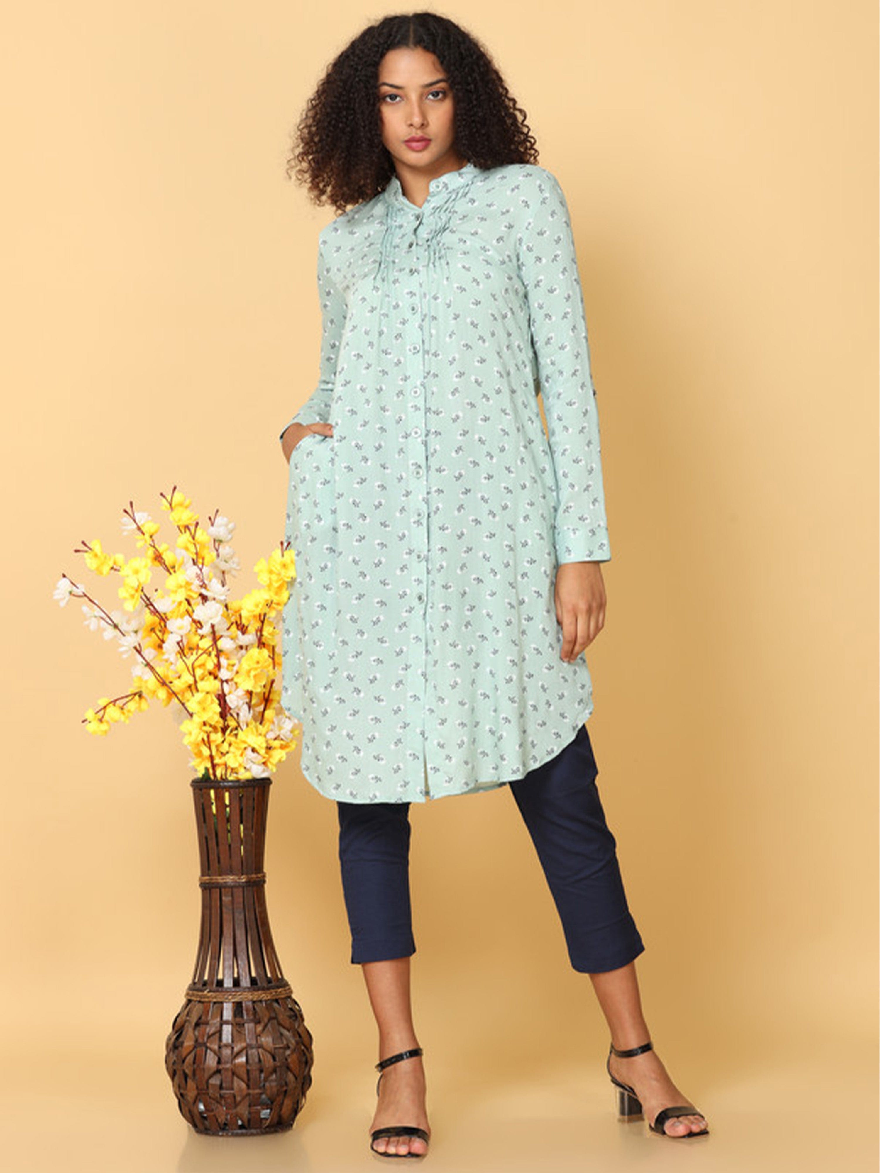 Hassu's Women Light Green Full Sleeves Rayon Floral Print Pathani Knee Length Mandarin Collar Kurta