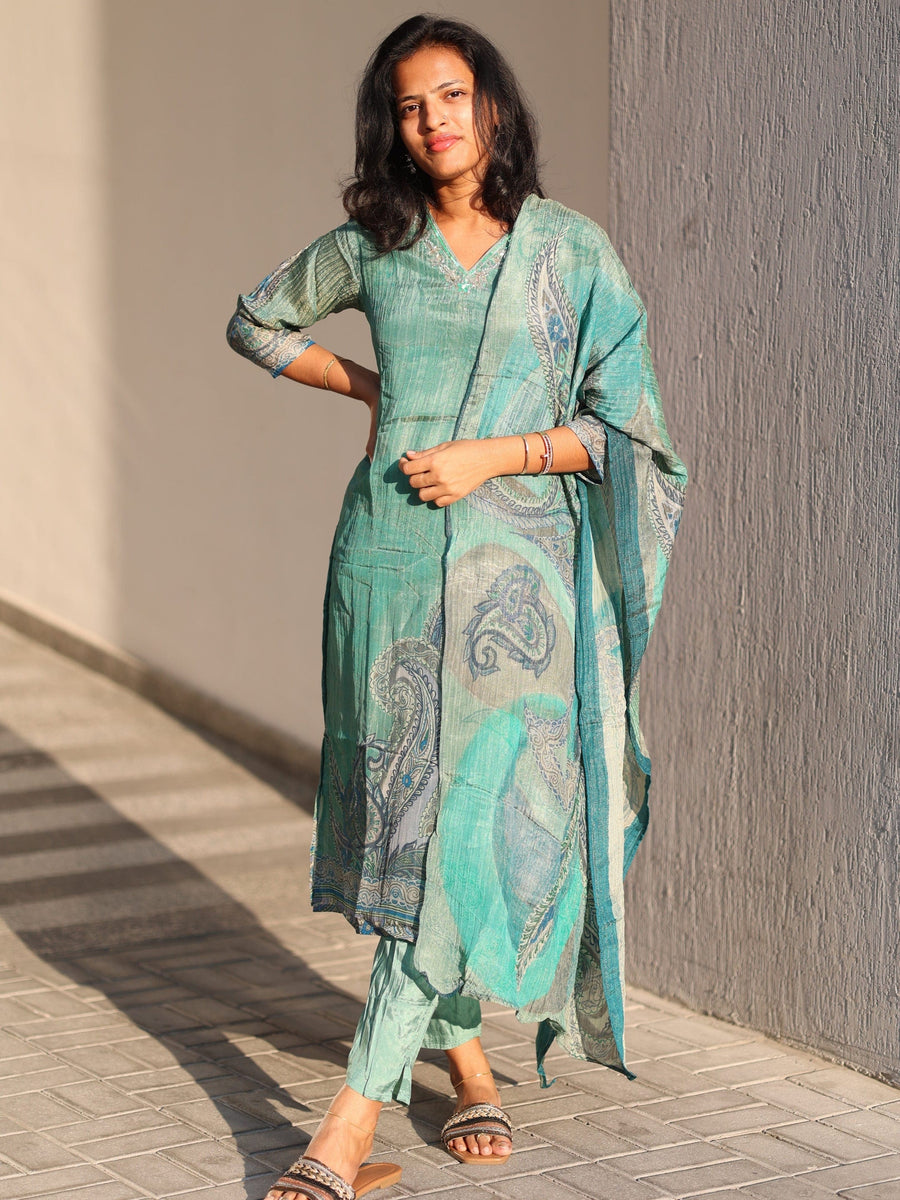 Sea Green 3/4th Sleeves Tissue Paisley Design Pull-on style Calf Length Straight-cut Kurta Set - With Dupatta