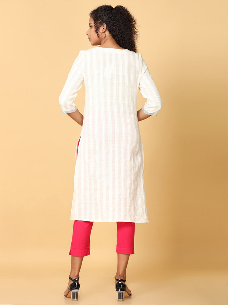 Hassu's Women Off White 3/4Th Sleeves Cotton Dobby Stripe Regular Calf Length V Neck Kurta