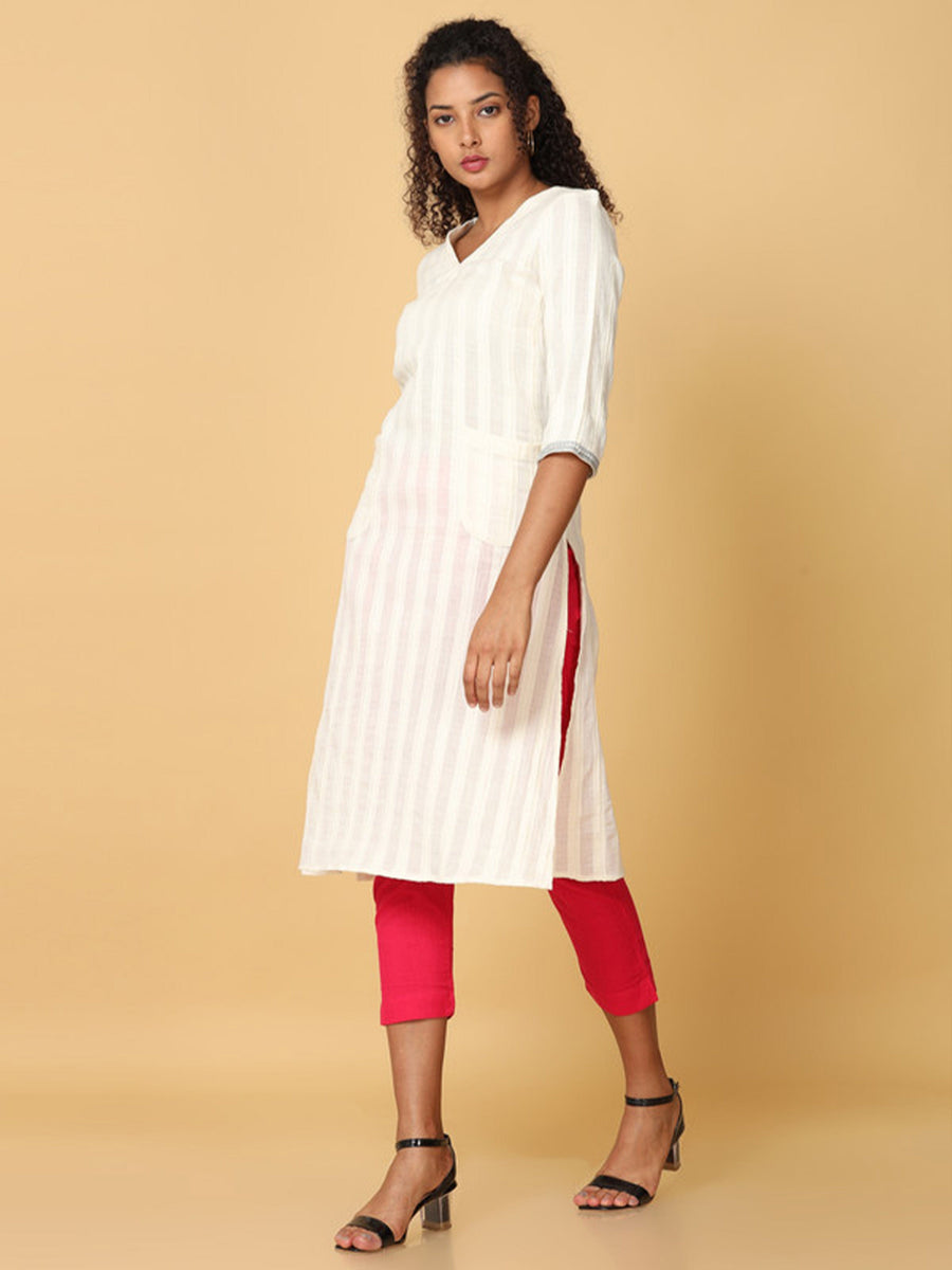 Hassu's Women Off White 3/4Th Sleeves Cotton Dobby Stripe Regular Calf Length V Neck Kurta