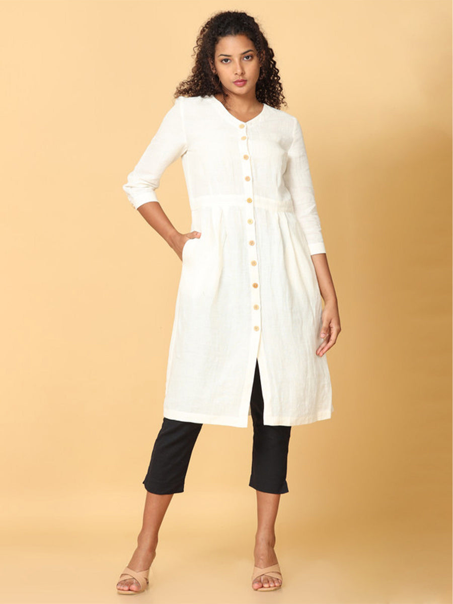 Hassu's Women Off White 3/4th Sleeves Linen Solid Shirt Calf Length V Neck Dress