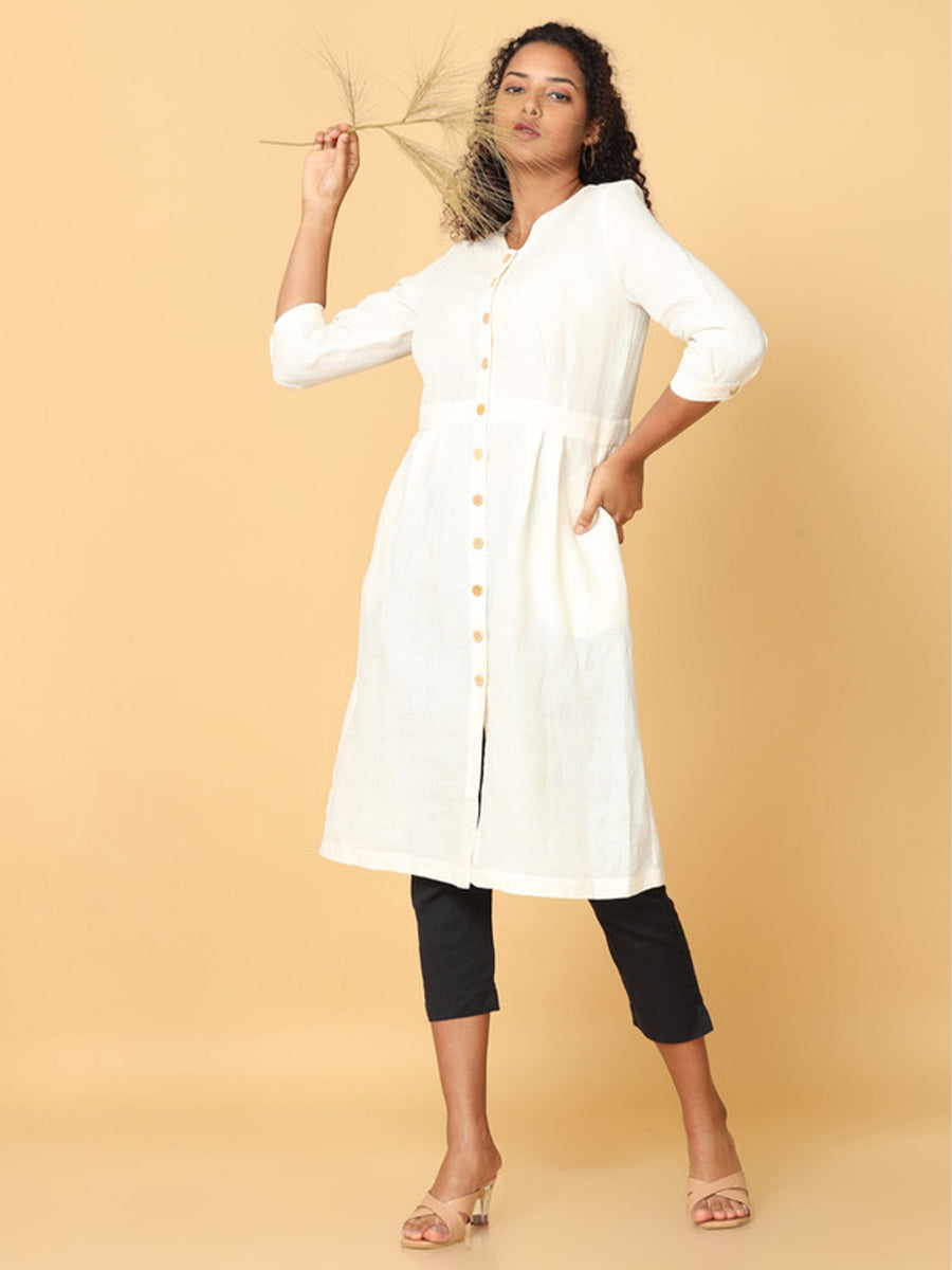 Hassu's Women Off White 3/4th Sleeves Linen Solid Shirt Calf Length V Neck Dress