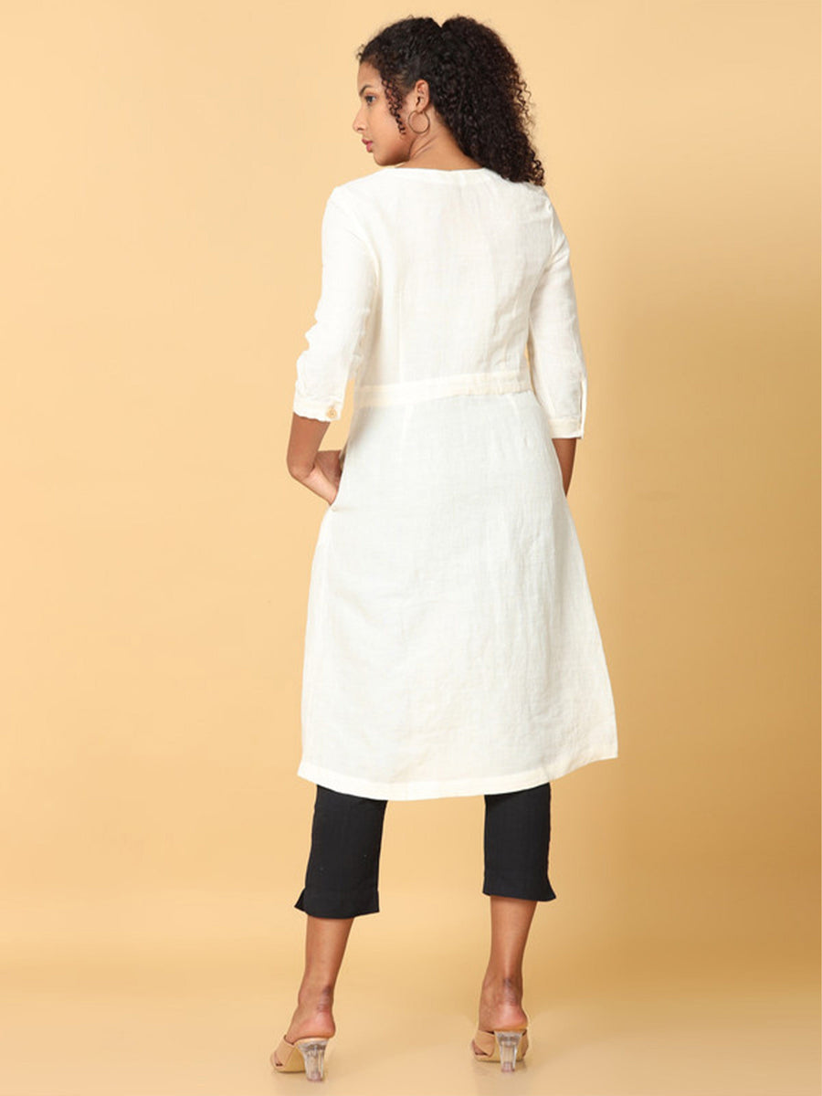 Hassu's Women Off White 3/4th Sleeves Linen Solid Shirt Calf Length V Neck Dress