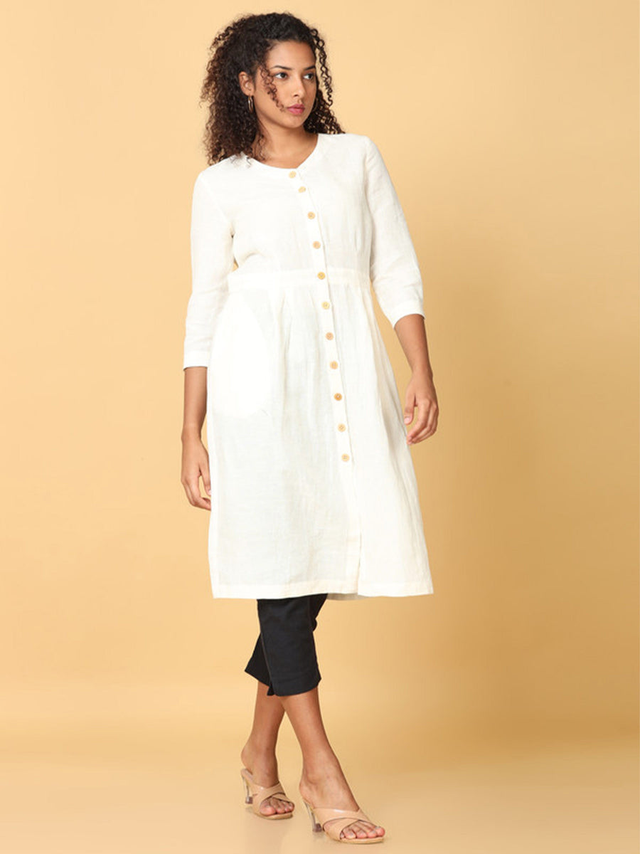 Hassu's Women Off White 3/4th Sleeves Linen Solid Shirt Calf Length V Neck Dress