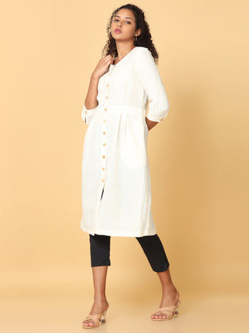 Hassu's Women Off White 3/4th Sleeves Linen Solid Shirt Calf Length V Neck Dress