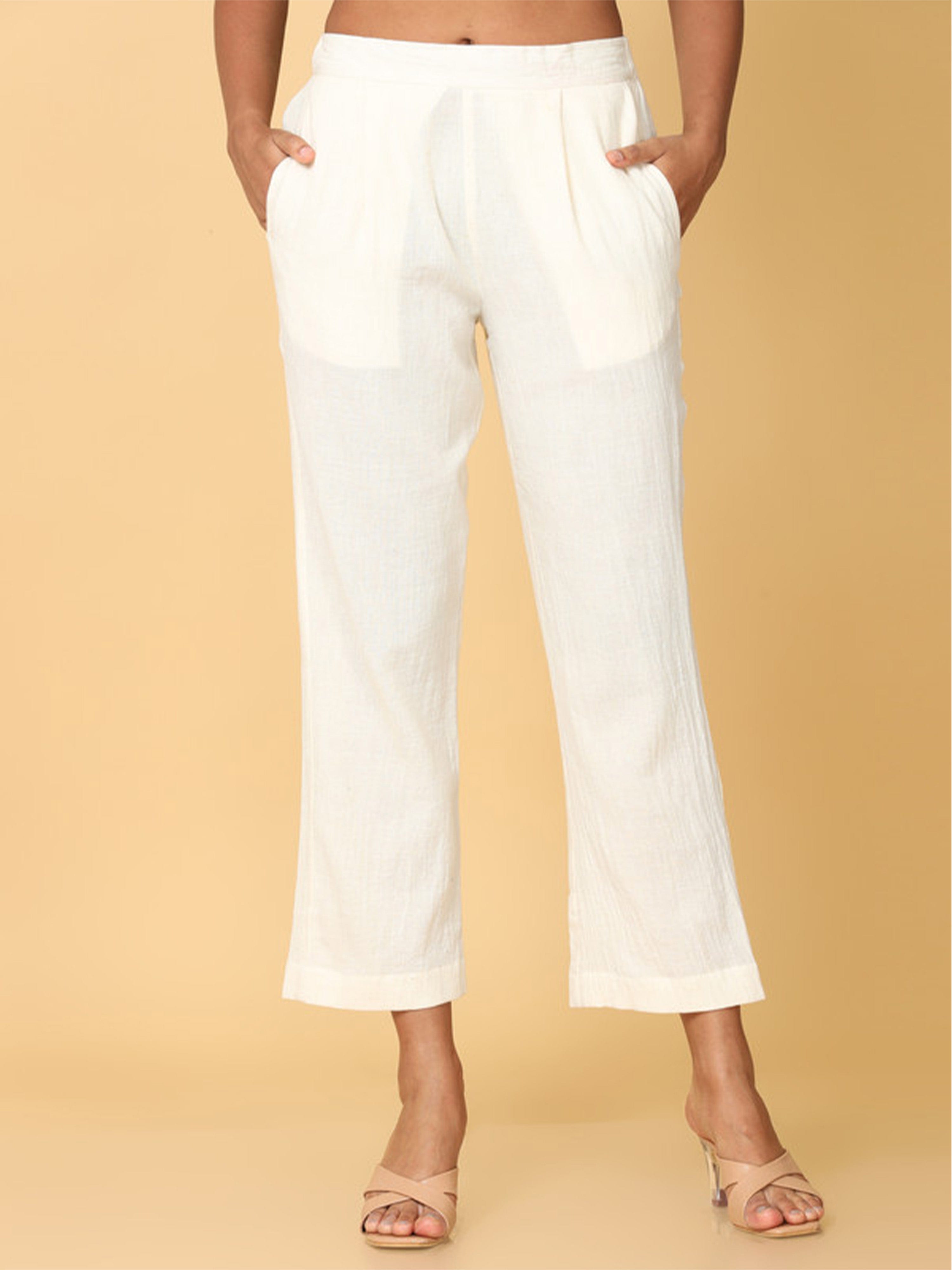 Hassu's Women Off White Cotton Solid Ankle Length Pyjama