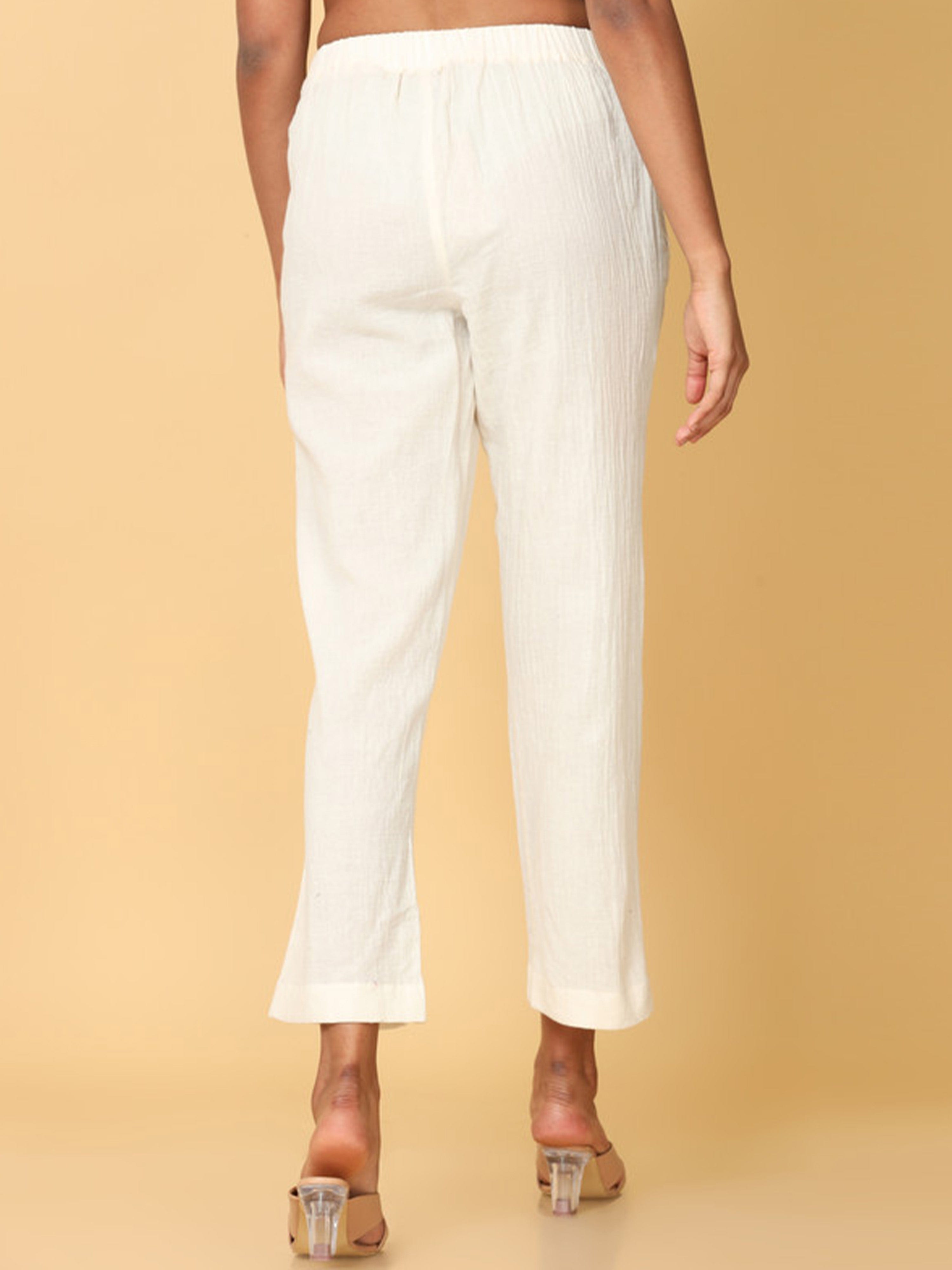 Hassu's Women Off White Cotton Solid Ankle Length Pyjama